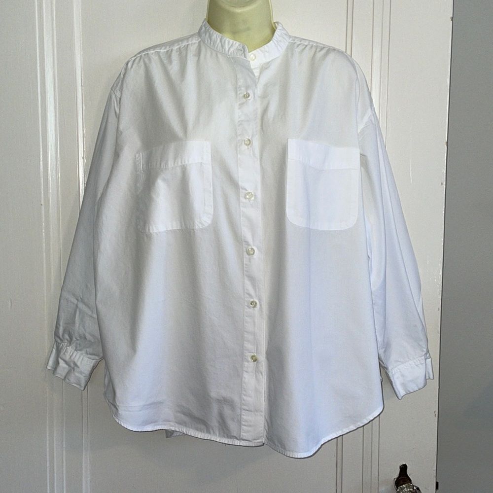 Vtg 80s/90s Solutions white cotton collarless long sleeved‎ oversized shirt